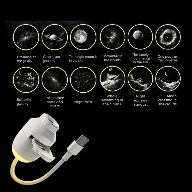 Mini Galaxy Star Projector Two in One Night Light Home Background Atmosphere Light Bedroom Car Decoration Children's Gift - Color: 12 Projector Films